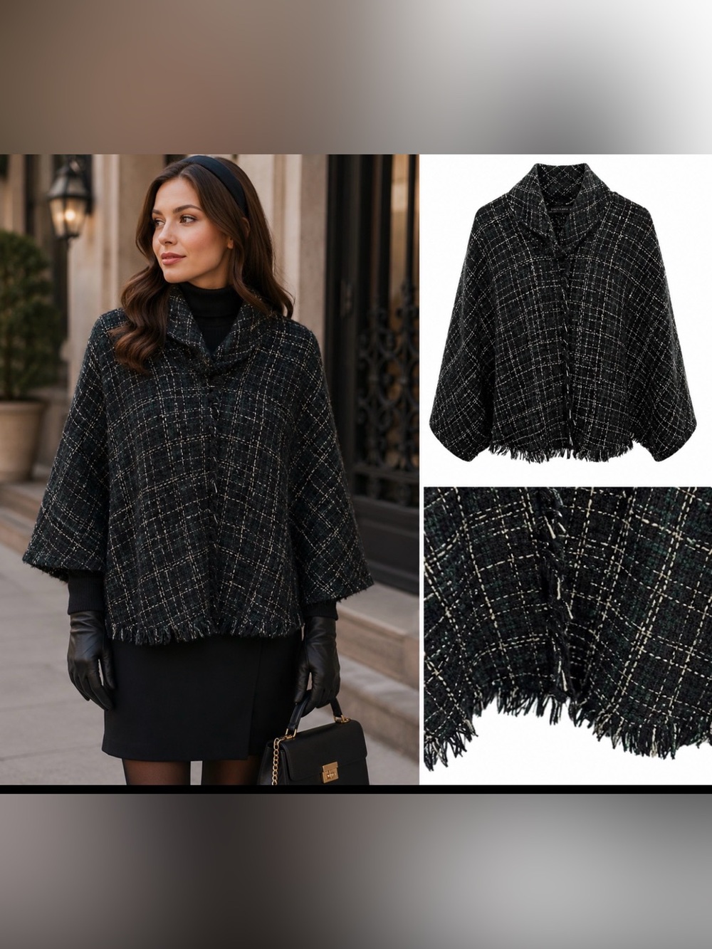 ZARA Woman Tweed Fringe Poncho Cape Jacket Green Black Plaid Collegiate Chic Siz